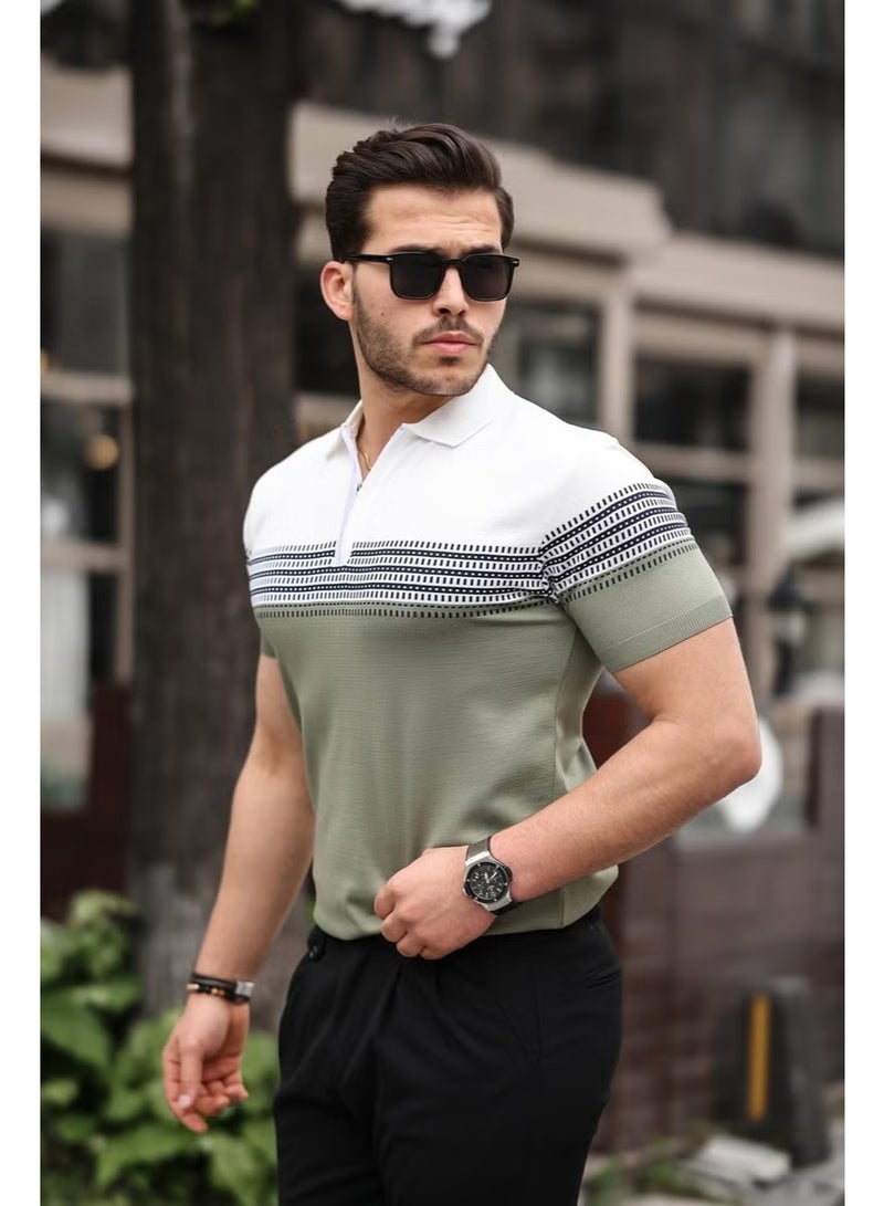 Miron Khaki White Zippered Knitwear Polo Neck T-Shirt - Image 3
